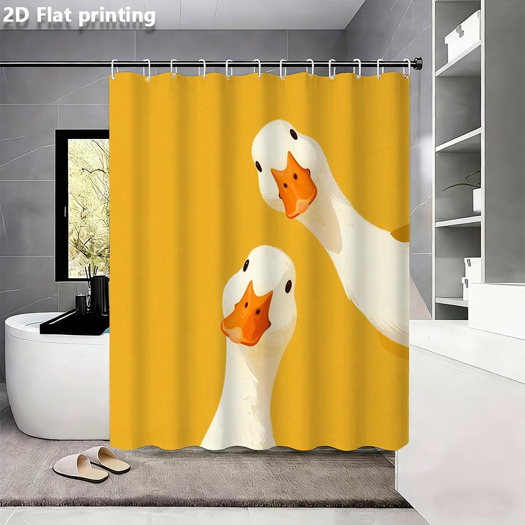 Schattig Eendenkoppel Douchegordijn Waterdicht Makkelijk Schoon Te Maken Privacy Bescherming Print Gele Achtergrond Cartoon Dier Ontwerp Leuk