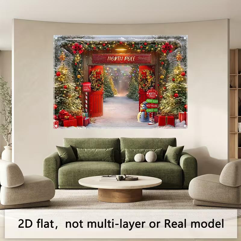2D Winter North Pole Backdrop, Santa's Door with "Letters To Santa" & Snowy Path Background Cloth