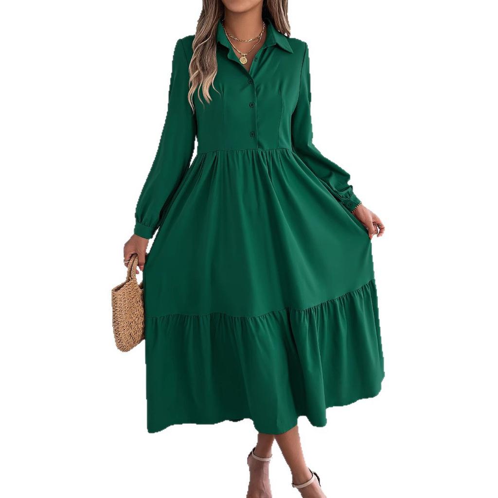 GMXIA Autumn and Winter Lapel Casual Loose Long-sleeved Ruffled Shirt Dress for Women