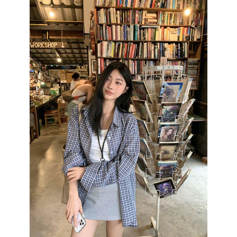 Kumikumi Idle Style Plaid Lapel Long Sleeve Shirts Women Clothes Autumn Casual Loose Mid-Length Shirt Outerwear
