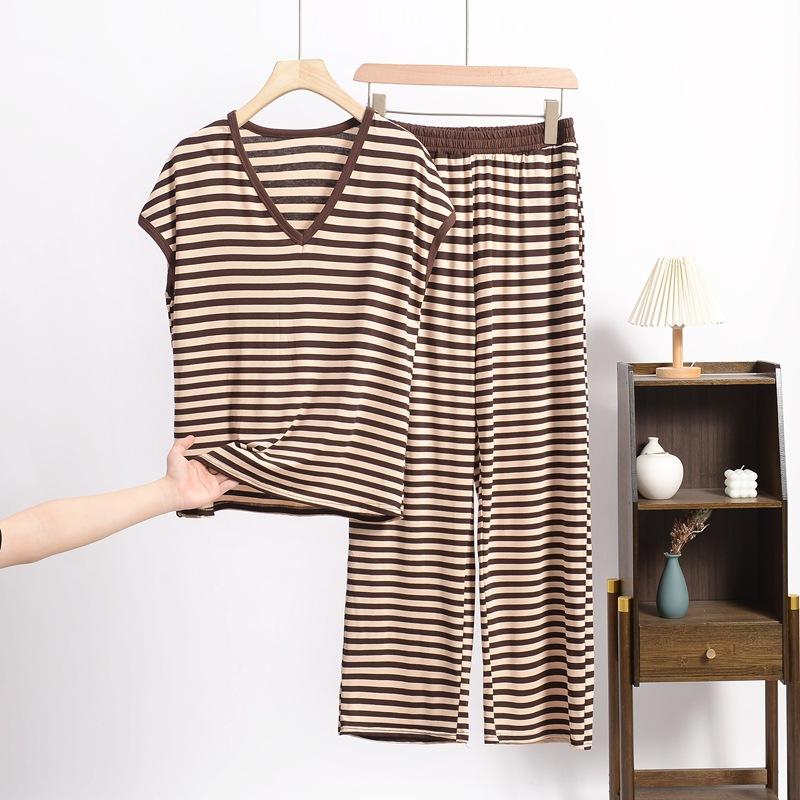 Frühlings- und Sommer-Neues Retro-Gestreiftes V-Ausschnitt Kurzarm-Shorts-Set, Locker und Lässig Übergröße Dünne Hausbekleidung