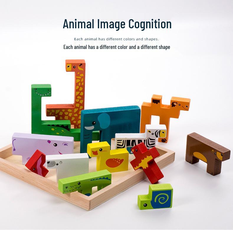 Wooden Animal 3D Puzzle Blocks for Children's Early Education
