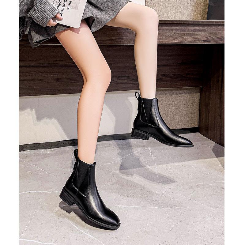 Französische Stiefeletten Damen Herbst und Winter Martin Boots 2024 neu bequem niedriger Absatz mittelhohe Stiefel eckige Spitze elastische braune Stiefel