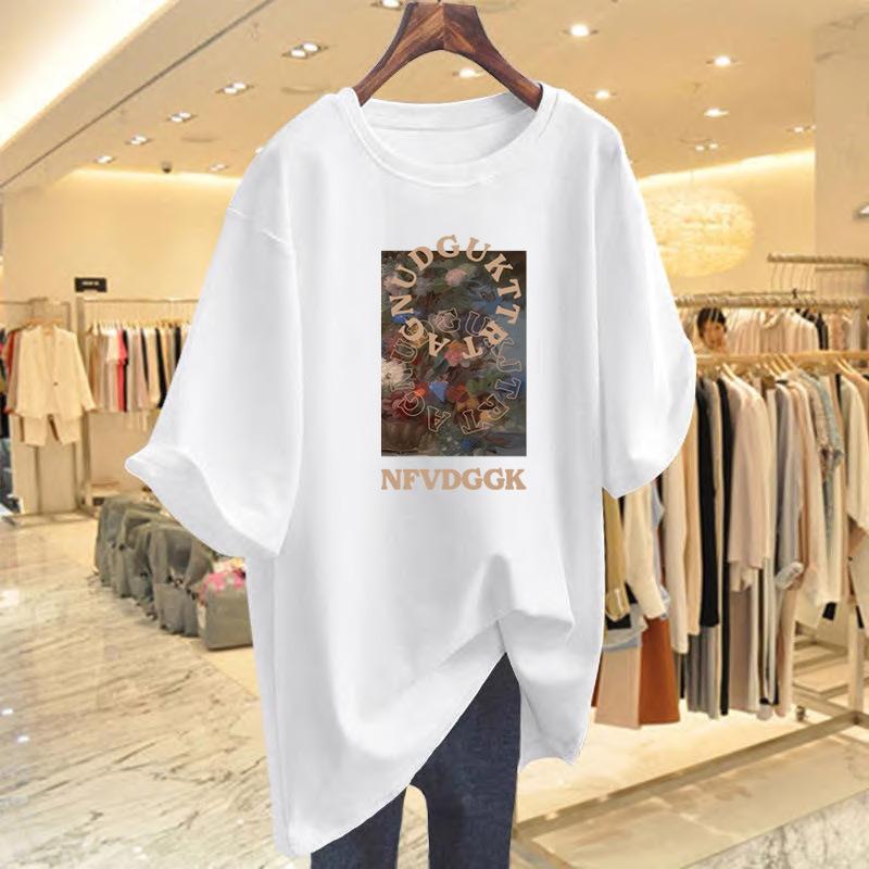 

New cotton printed loose t-shirt women s summer new crew neck white casual top short-sleeved bottoming shirt S