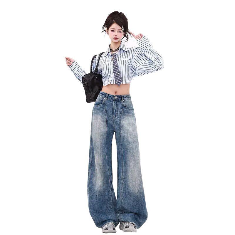 Women's Retro Blue High Waist Wide Leg Jeans - Spring Straight Floor-Length Trousers