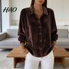 Breathable Women Blouse Shirt Lapel Long Sleeve Velvet Texture Solid Color Tops Loose Fit Buttons Placket Commuter Work Wear Everyday Top