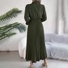 Spring Summer Women Long Sleeve Solid Pleated High Waist A Line V-Neck Long Dress