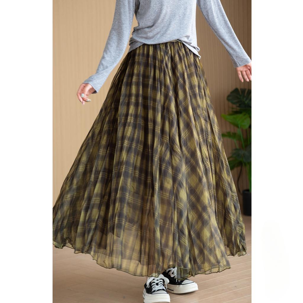 Dimanaf 2025 Autumn Women New Skirts Plaid Loose Elastic Waist Pleated Elegant Long Skirts Red