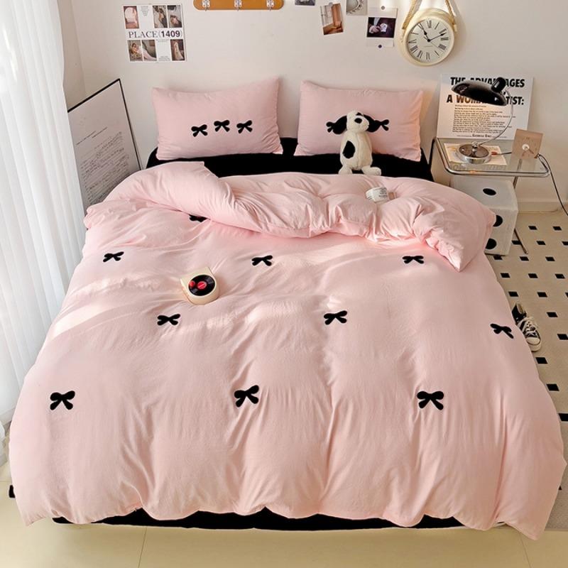 Girls Pink Bedding Set with Bow Korean Breathable Duvet Cover No Filler Flat Sheet Pillowcases Mix Color Comforter Cover Set