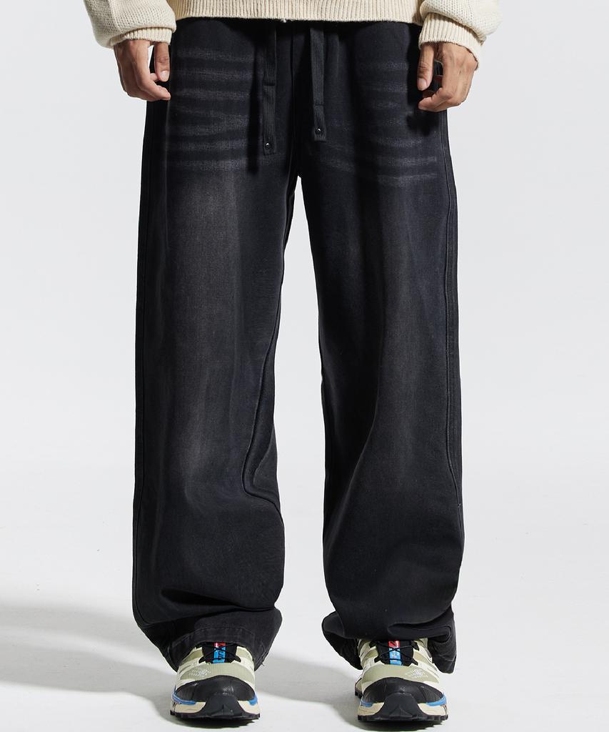 CREAM SODA LAB Basic Washed Wide Elastic Denim Pants Black