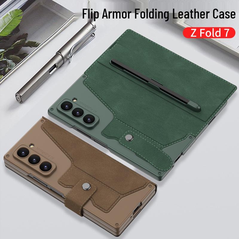 Samsung Z Fold7 Business Style Armor Flip Case with Pen Slot, Card Holder, and Screen Protector.