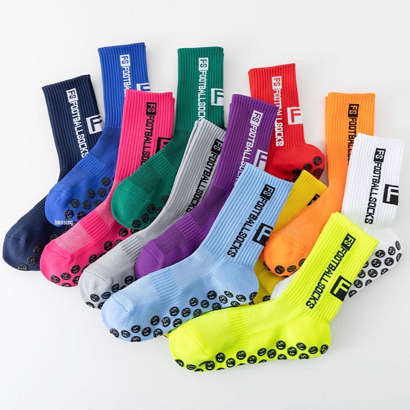 Non-Slip Mid-Calf Sports Football Socks with Terry Bottom and Round Silicone Grip