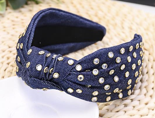 

Богемная этническая джинсовая повязка для волос с узлом по центру, украшенная стразами, повязка для волос с узлом, аксессуары для волос