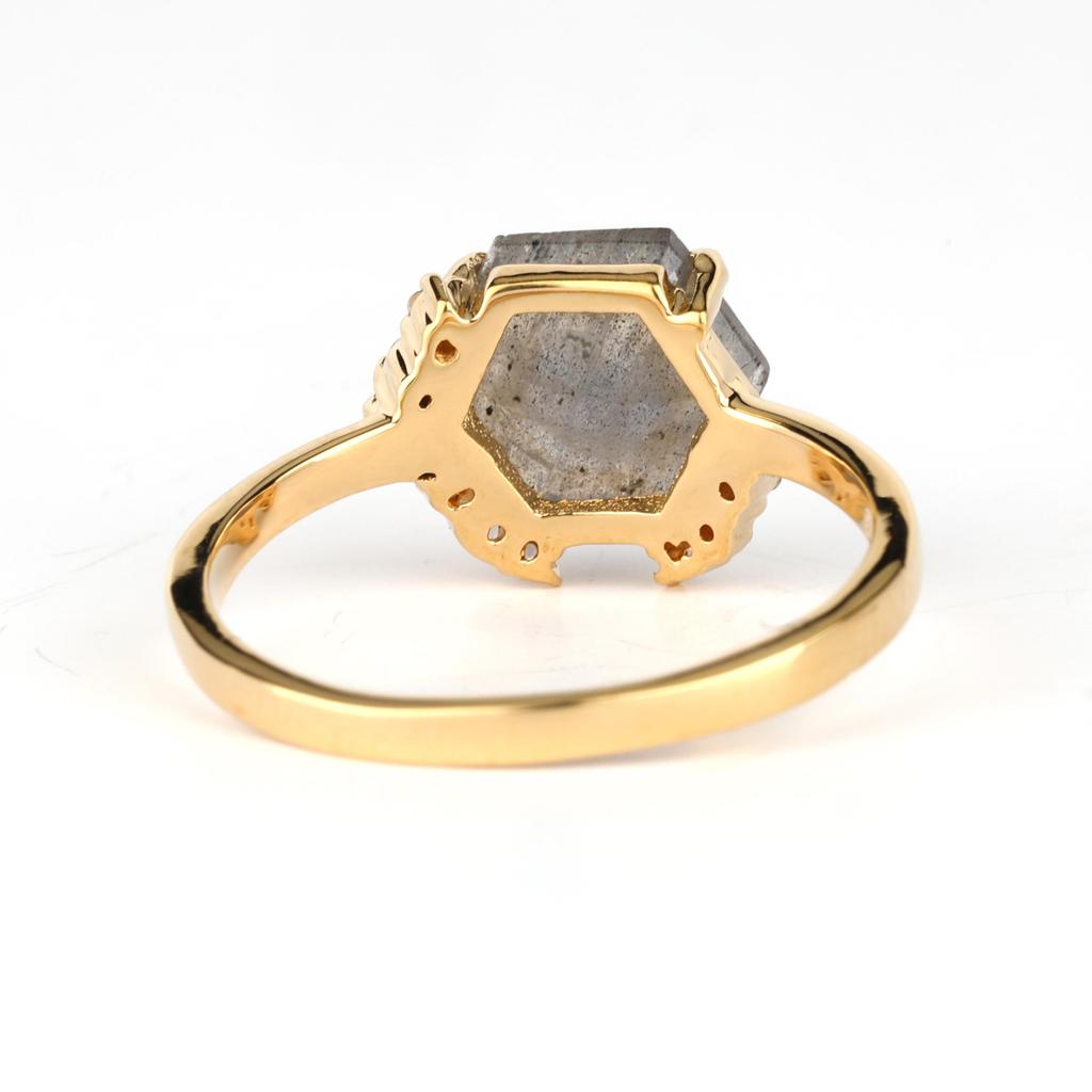 Labradorite & White Topaz Ring 925 Sterling Silver Yellow Gold Plated Hexagon Gemstone Ring for Women