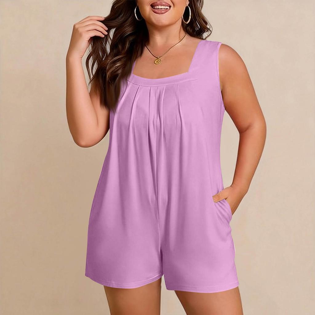 Women's Plus Size Casual Tank Top Sleeveless Pocket Jumpsuit Shorts Set