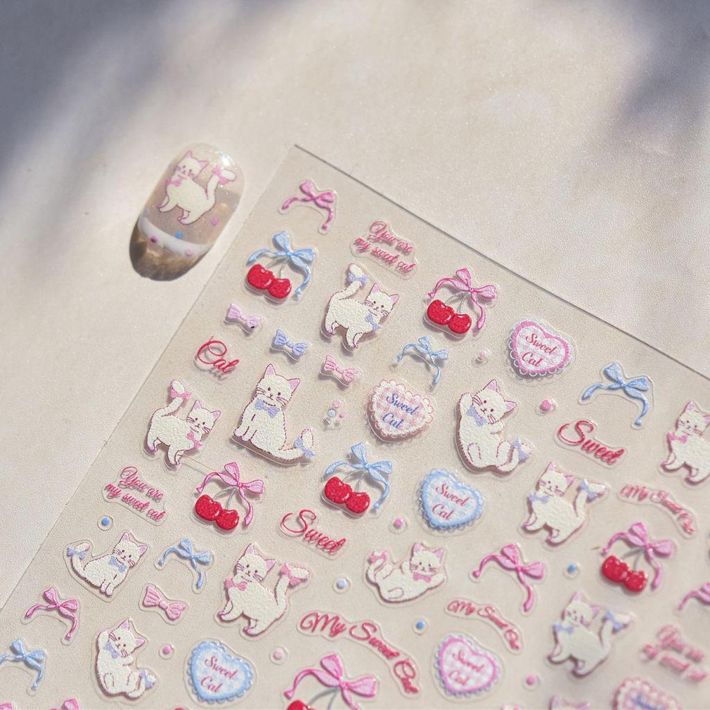 Graffiti Cute Cherry Cat & Bear Nail Art Stickers - DIY Self-Adhesive Bow Design