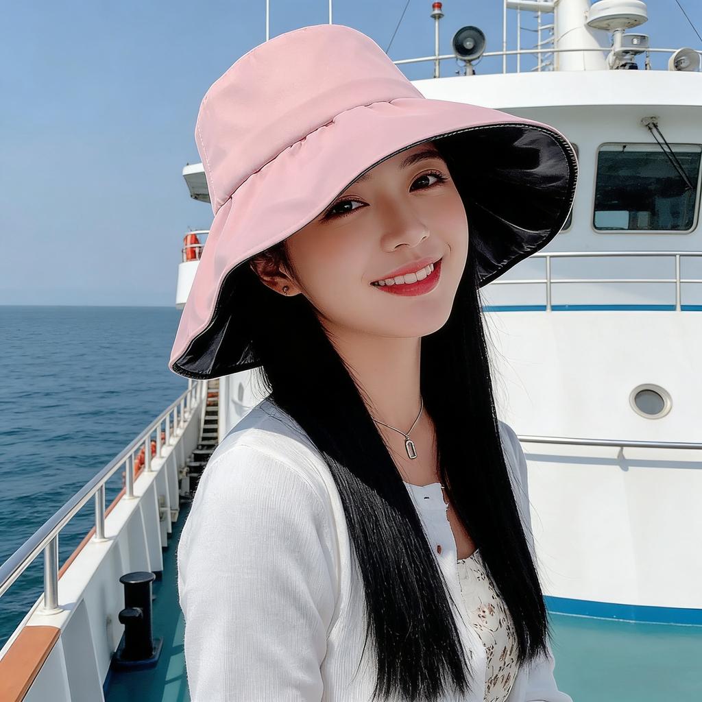 Summer sun protection hat women's versatile double-sided with large brim bucket hat outdoor UV protection travel visor