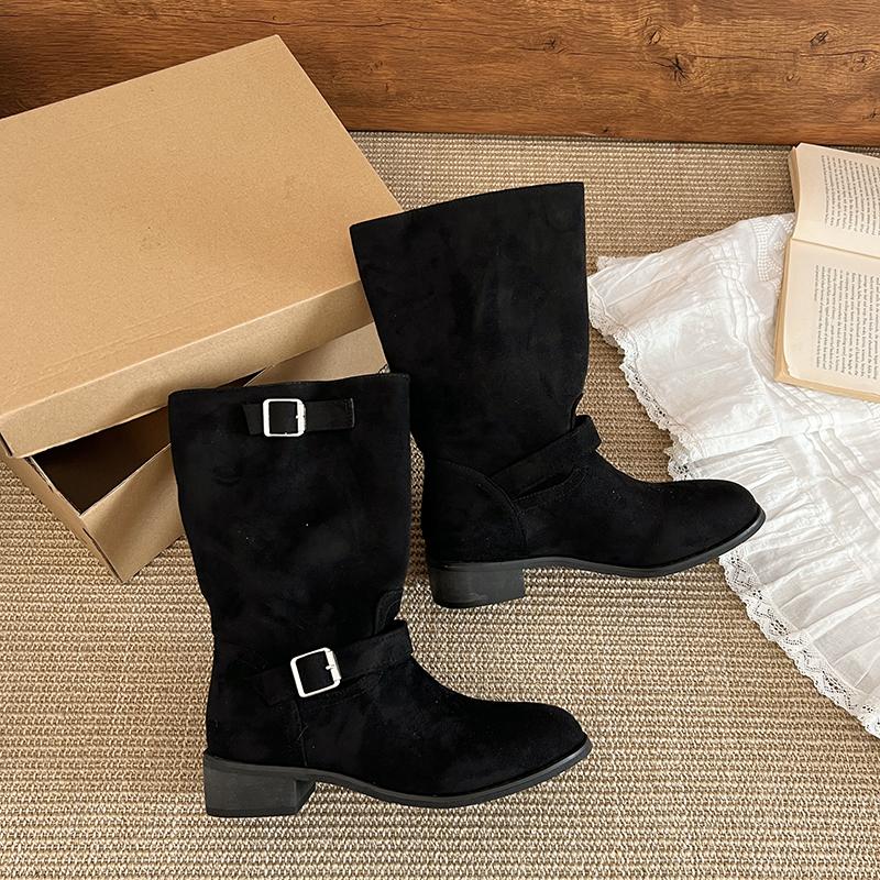 

Winter Street Style Belt Buckle Women Knight Boots Elegant Low Heel Shoes Female Slip On Mid Calf Booties De Muje 35