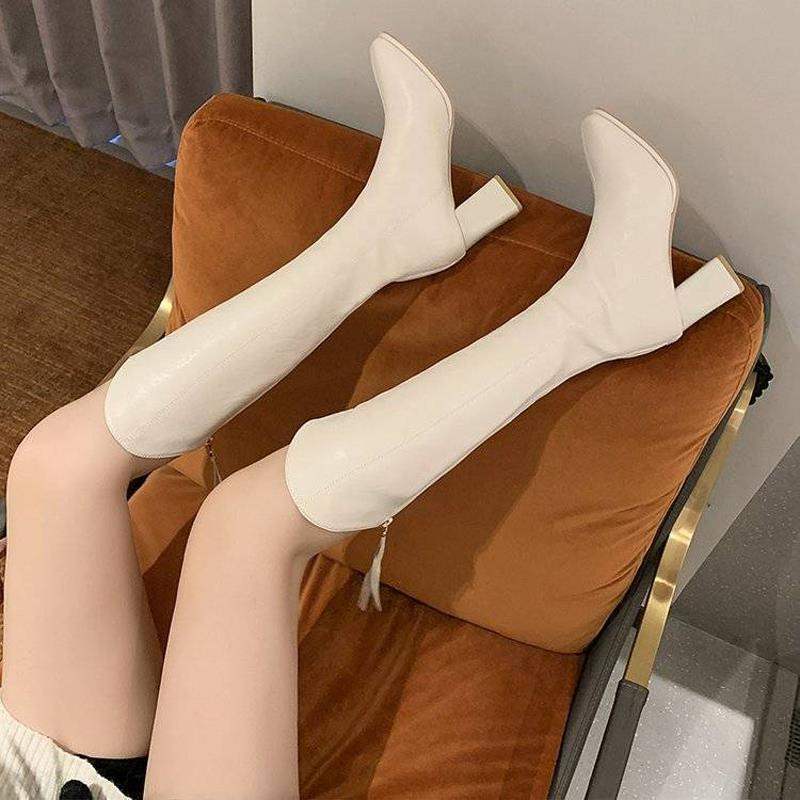 2025 autumn and winter new long boots women's but knee white high boots thick heel square head velvet knight boots thin boots