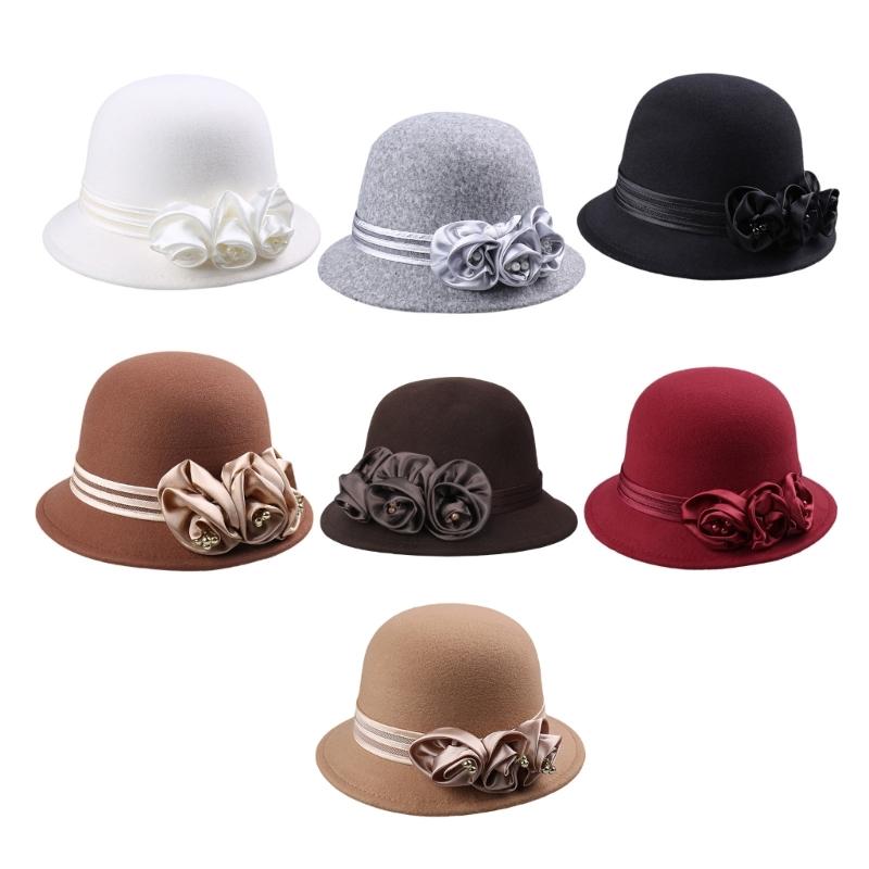 Vintage Silky Flower Hat Winter Warm Dome Hat Women Wool Cloche Hat Headwear