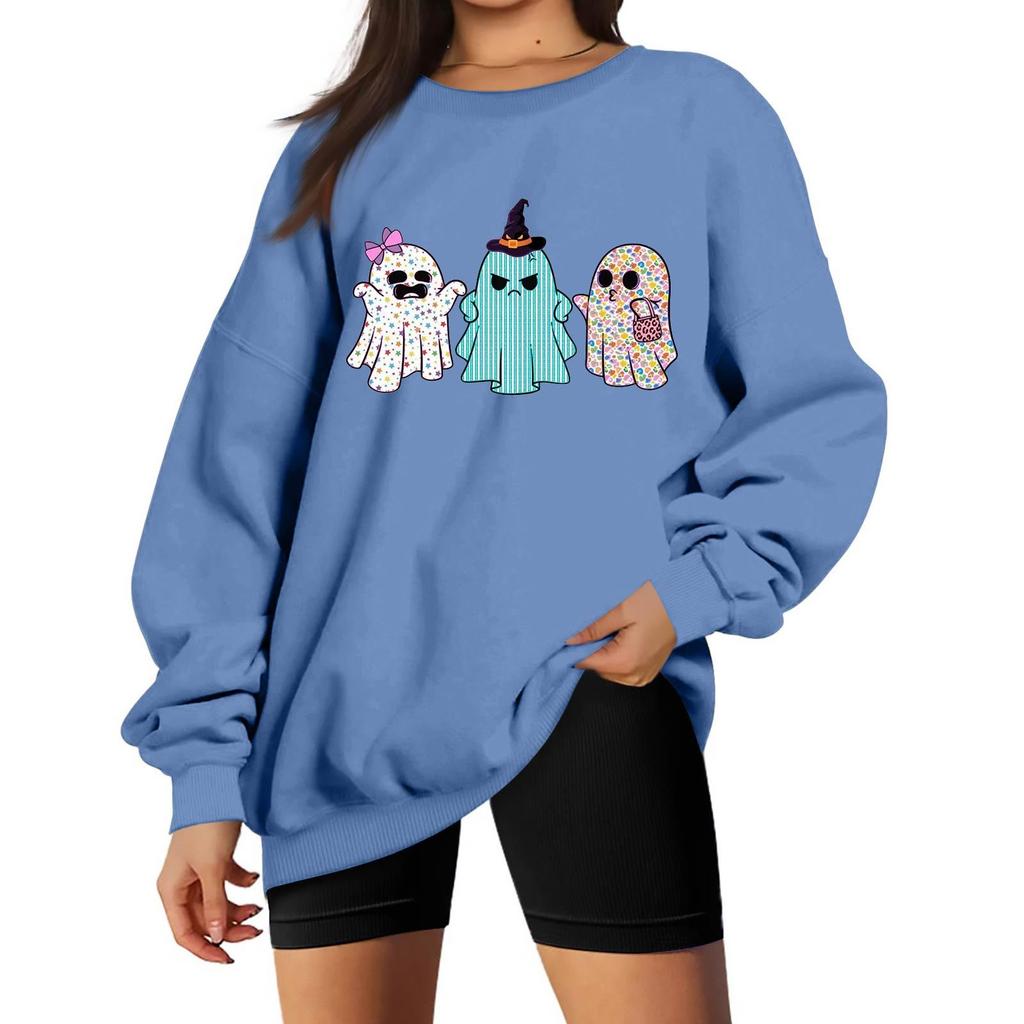 Women's Neck Long Sleeve Comfy Sweatshirt Casual Loose Fit Color Halloween Print Pullover