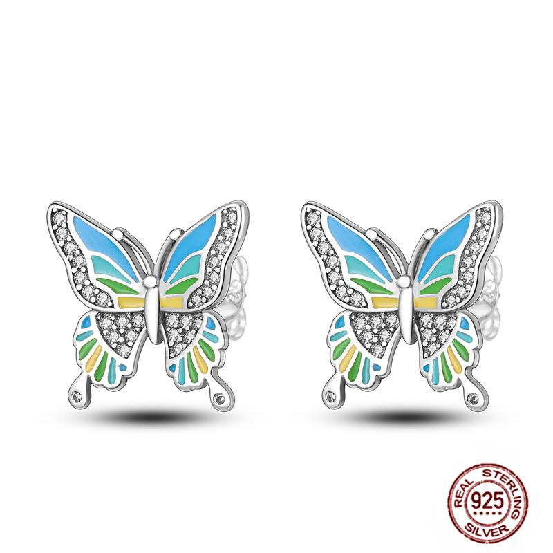 Original Butterfly Hoop Earrings for Women Sparkling Pave Colorful Zircon Blue Pink Purple Heart Wedding Drop Earring