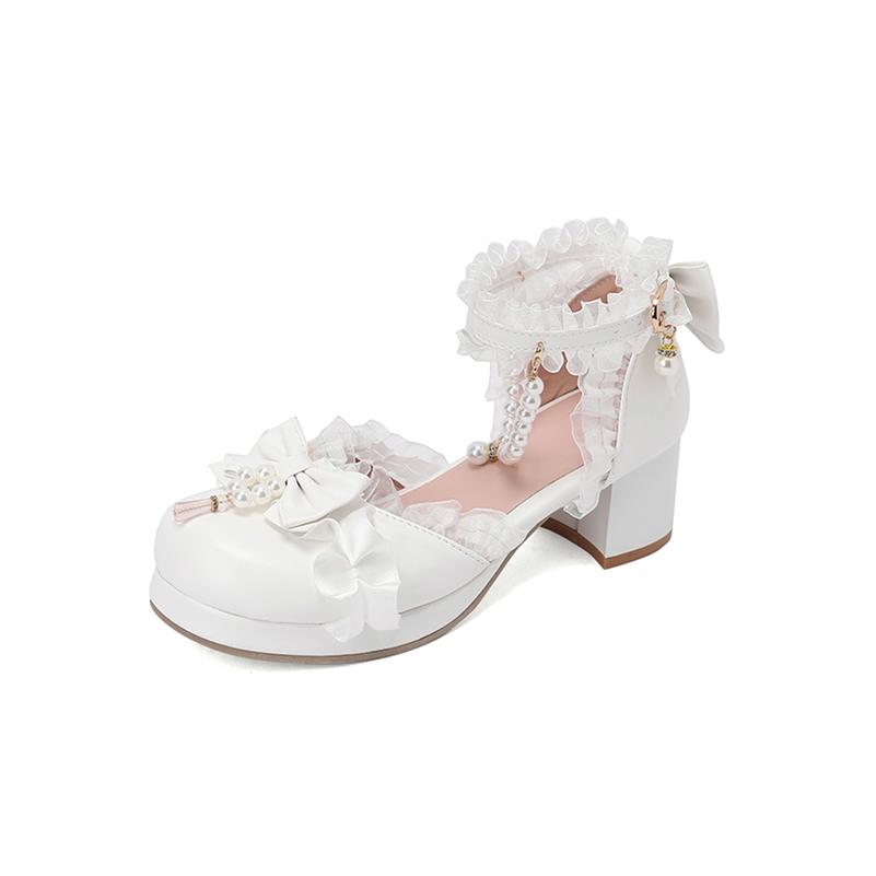 

Женские туфли-лодочки Лолита с ремешком на щиколотке в стиле каваи, женские туфли на платформе с круглым носком, на толстом среднем каблуке с пряжкой и бантом из бисера, весенне-осенняя женская обувь 33 бежевый