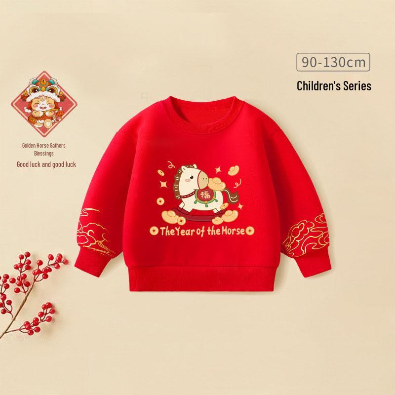 2026 Year of the Horse Kids' Red Tang Suit Hoodie - Winter New Year Fashion for Boys & Girls