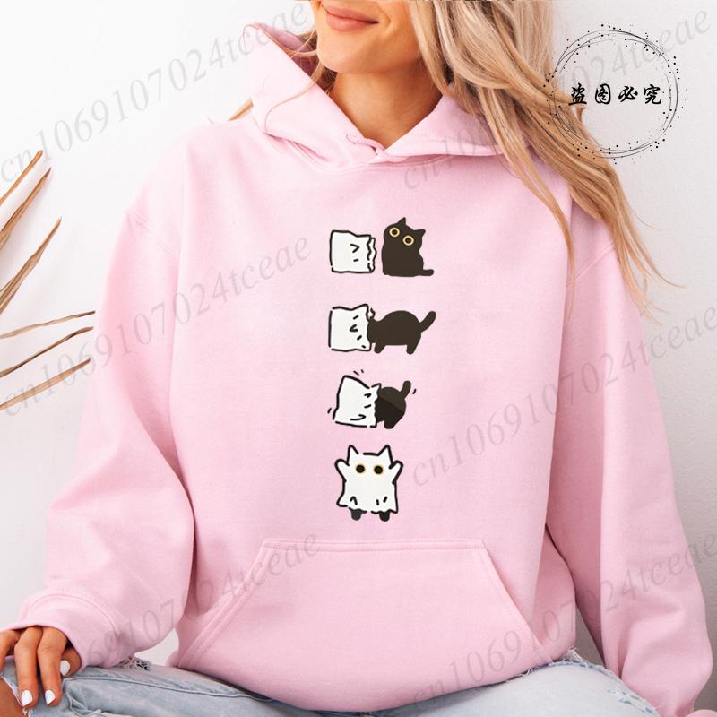 Autumn Fleece Hoodie Boo Black Cat Printed Hooded Halloween Fashion Sweatshirts Long Sleeve Top Drawstring Pockets Loose Hoodies