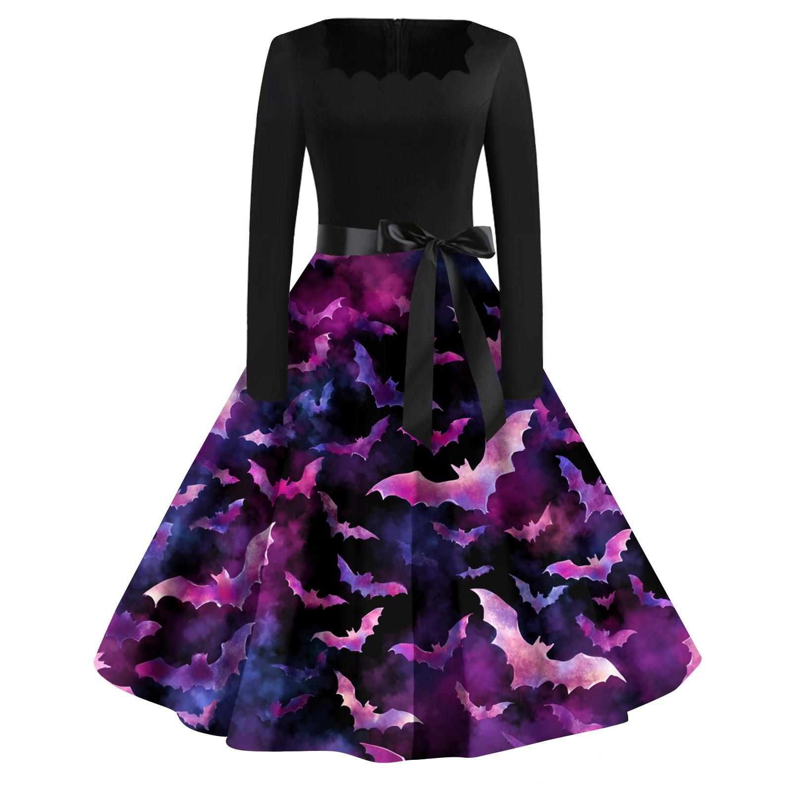 

Женское повседневное модное платье винтажного стиля с квадратным вырезом и принтом на Хэллоуин M фиолетовый