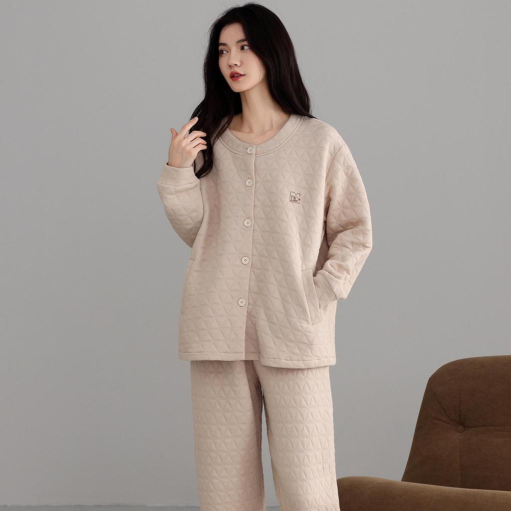 2025 Women's Winter Three-Layer Pajama Set: Thick, Warm, Simple Style, Long Sleeve & Pants