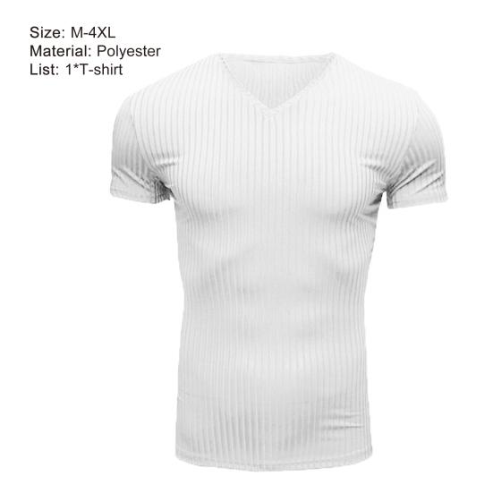 Men T-shirt V Neck Slim Fit Solid Color Breathable Summer Top Daily Garment