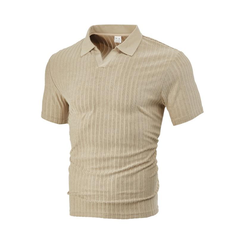 Men's Summer Casual Breathable Towel Jacquard Fabric Lapel Men's Striped Short Sleeved Shirt