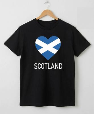 Scotland Football Fan T-Shirt Black Cotton Tee Saltire Flag Heart World Cup 2026
