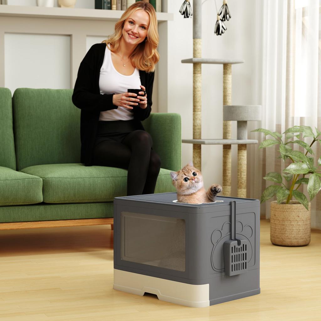 Enclosed Cat Litter Box with Lid, Front Entry, Top Exit, Drawer, Tray, Scoop, Brush, 48.5 X 38 X 36.5cm - Grey