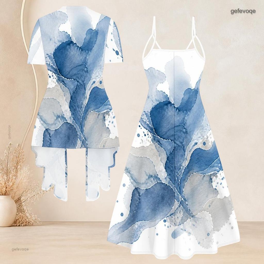 Women Plus Size Two Piece Set Blue Beige White Printed Short Sleeve Cardigan V Neck Strappy Flared Dress