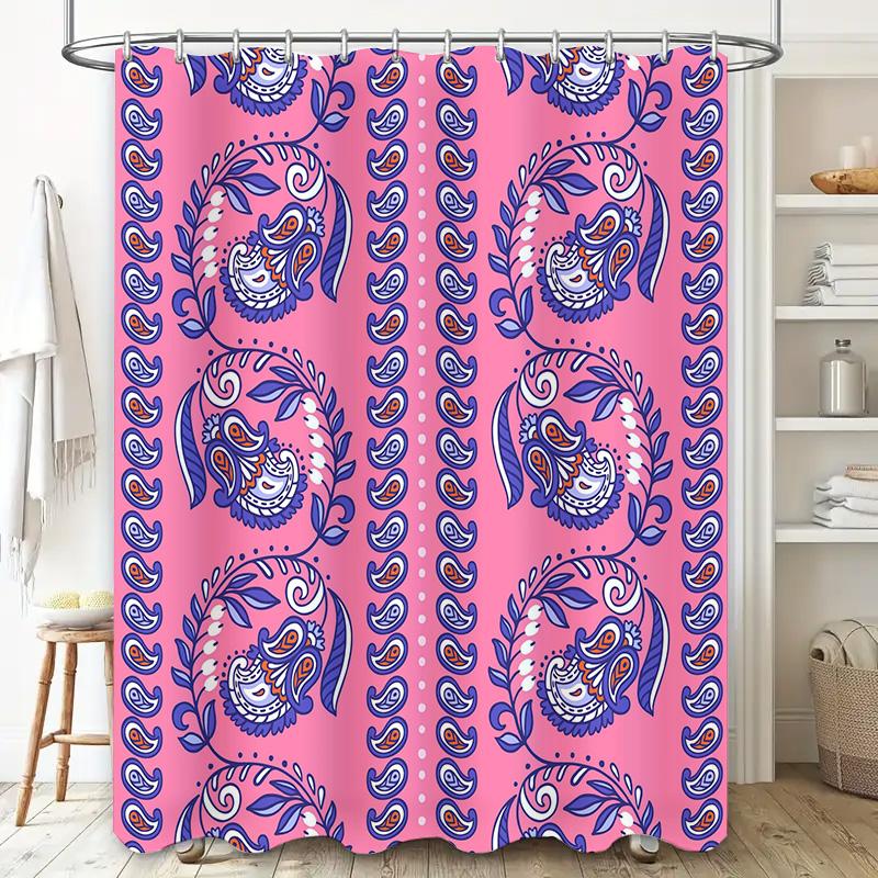 Pink Bath Shower Curtain With Blue Paisley Pattern For Bathroom Decor Waterproof Fabric 72 X 84 Inches Home Decoration Item Set