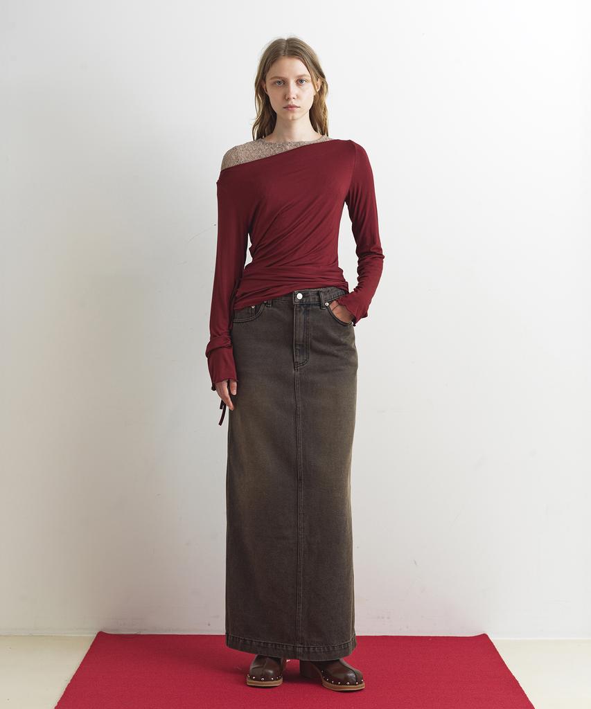 Aobteu Denim Long Skirt - Brown