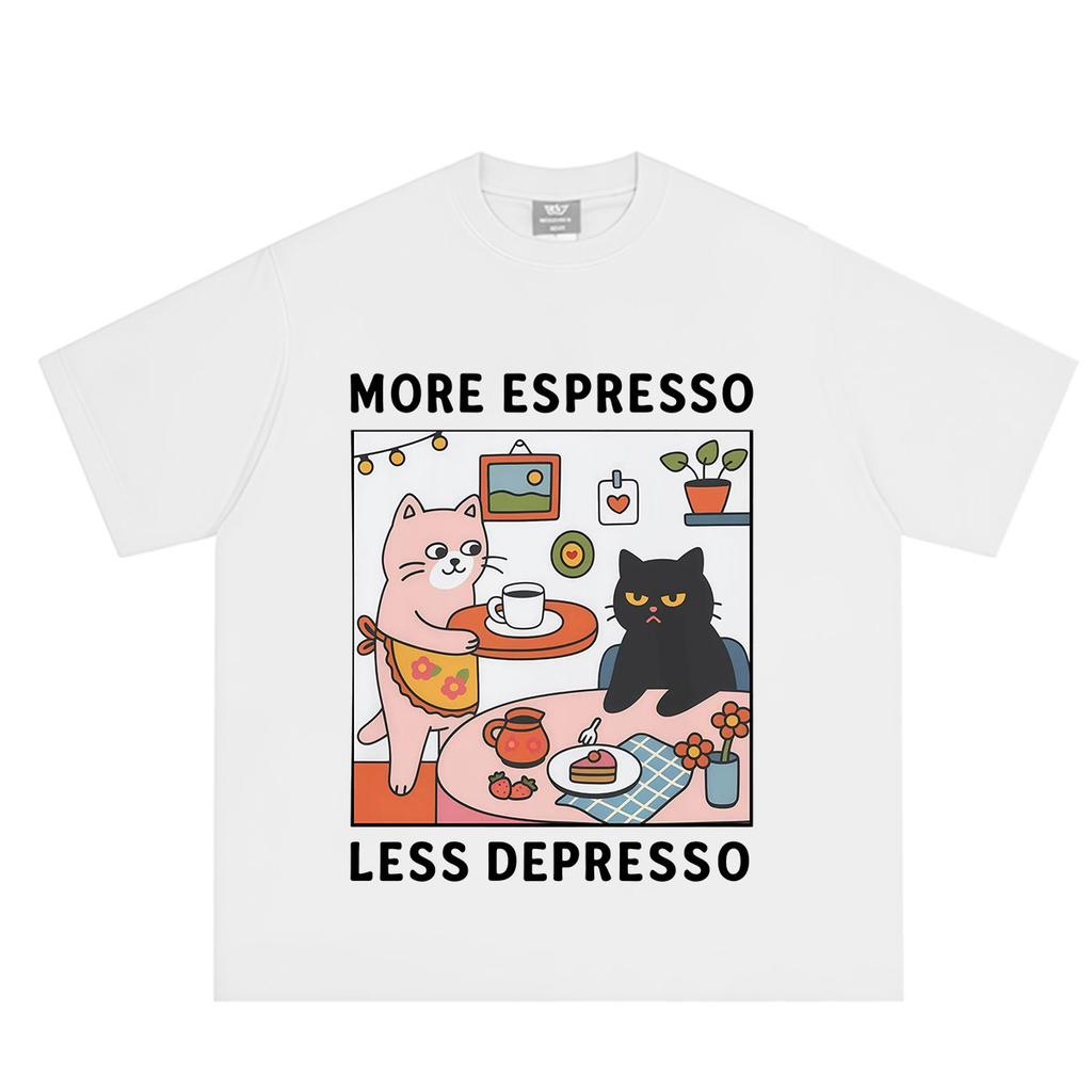 Fashion Funny Cat More Espresso Less Depresso T Shirt Unisex Unisex Aesthetic Vintage Tshirt Cartoon Cute Cotton Oversized T Shirts