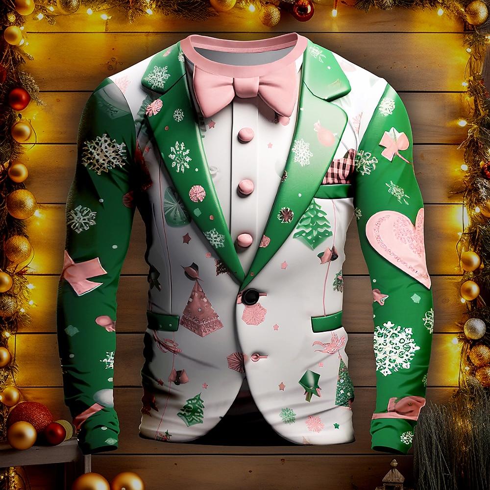 Jarní a podzimní pánská trička s dlouhým rukávem, módní a ležérní, s 3D vánočním potiskem a kulatým výstřihem