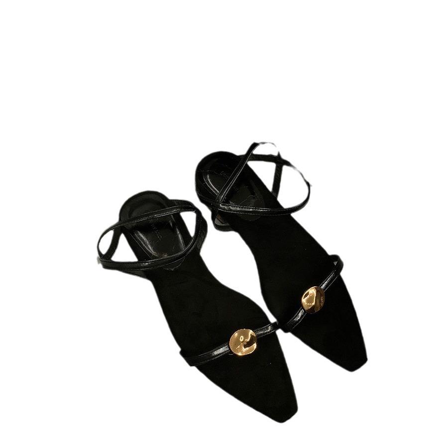 Design Sense Niche Pointed Flat Sandals Women's Shoes Summer 2025 New French Temperament Black Roman Shoes Women