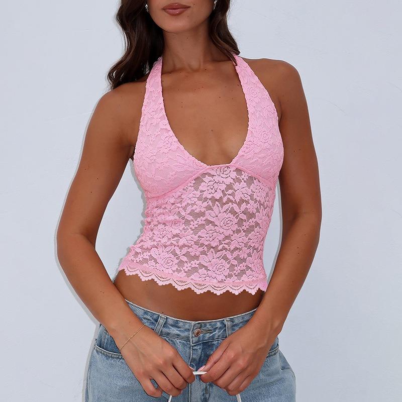 Women Sexy Hollow Out Lace Slim Fit Halter Crop Top