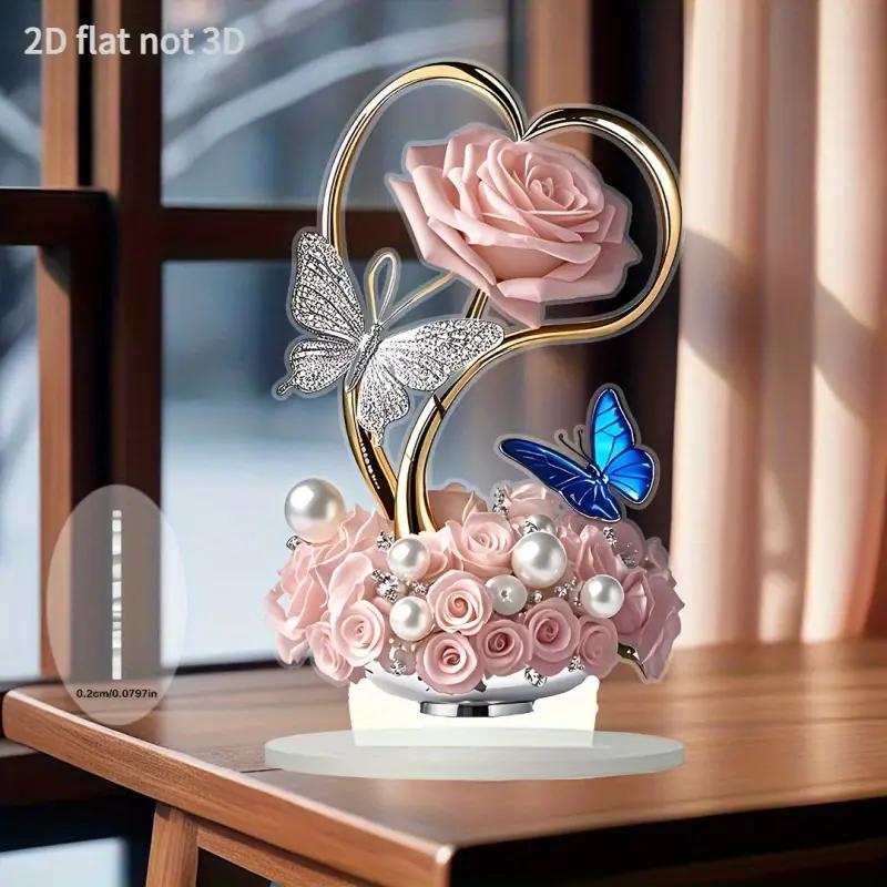 

Romantic Pink Rose and Butterfly Decorative Logo - Elegant heart-shaped desktop display accessory, home/office/kitchen decora