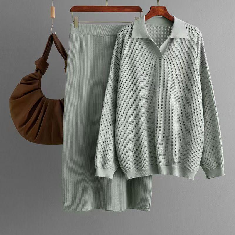 European and American Sexy Hollow Knitted Long sleeve Top Skirt sets Knitted Top and Skirt Set