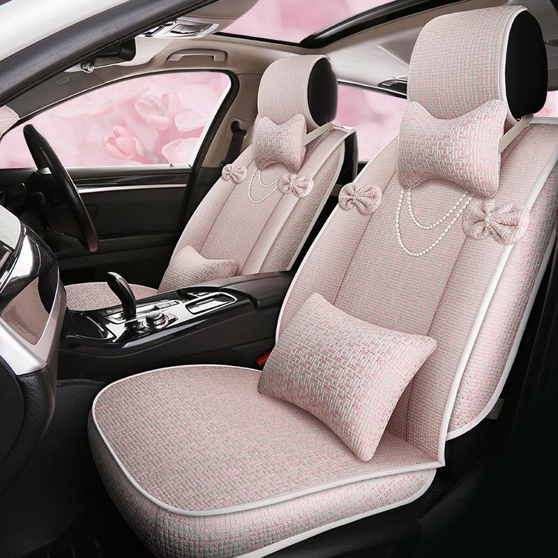 

Женский жемчужный бант хлопок лен подушка на сиденье автомобиля - комплект на 5 сидений, стиль богини, всесезонный. Standard-Romantic Pink