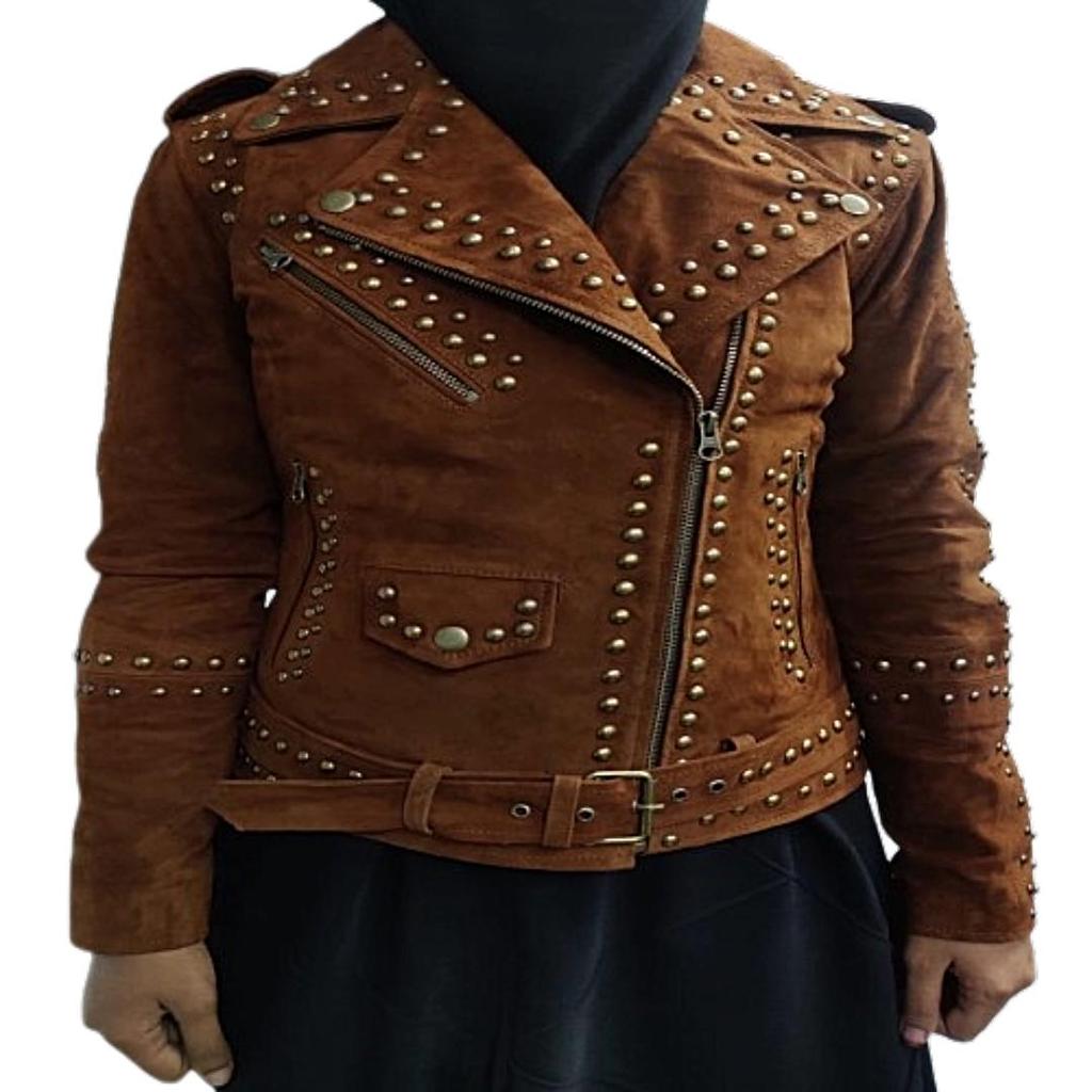 Women's American Style, Lambskin Brown Suede, Studded Jacket, With Zipper & Jacket,| Shoulder Strap, Gifts for her ,Cowgirl Jacket