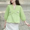ZANZEA Women Casual V-Neck Loose 3/4 Sleeve Embroidery Blouse