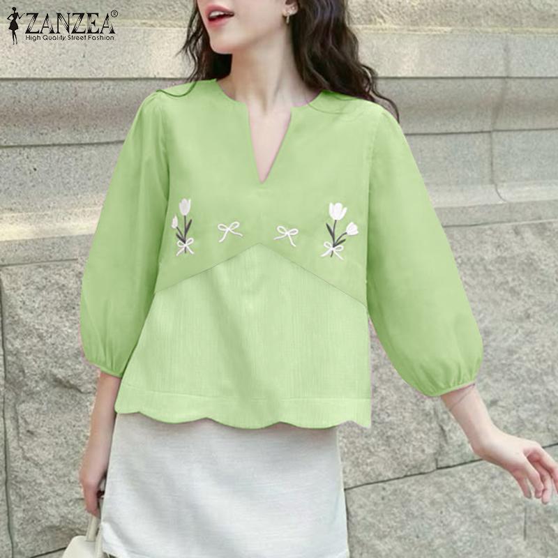 ZANZEA Women Casual V-Neck Loose 3/4 Sleeve Embroidery Blouse