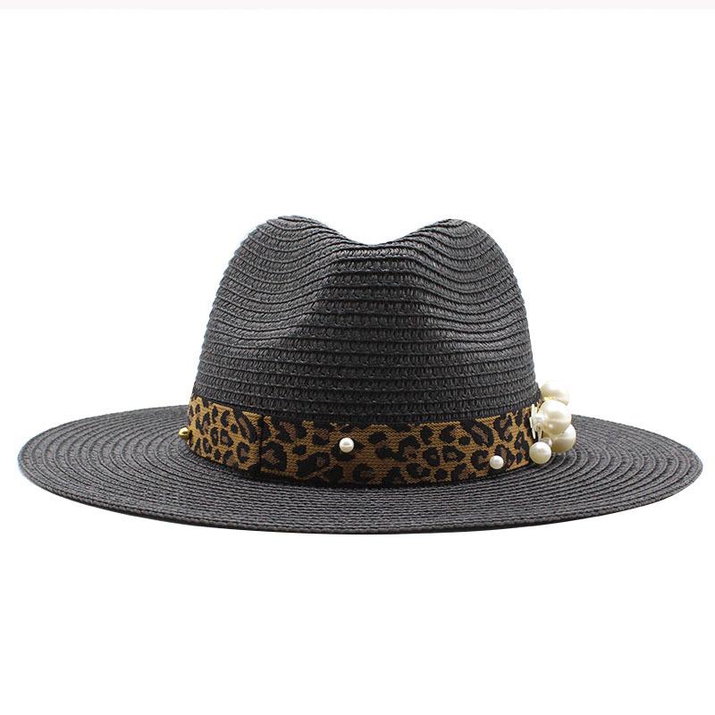 Spring And Summer Leopard Print Pearl Straw Sun Protection Visor Straw Hat Dame Top Hat