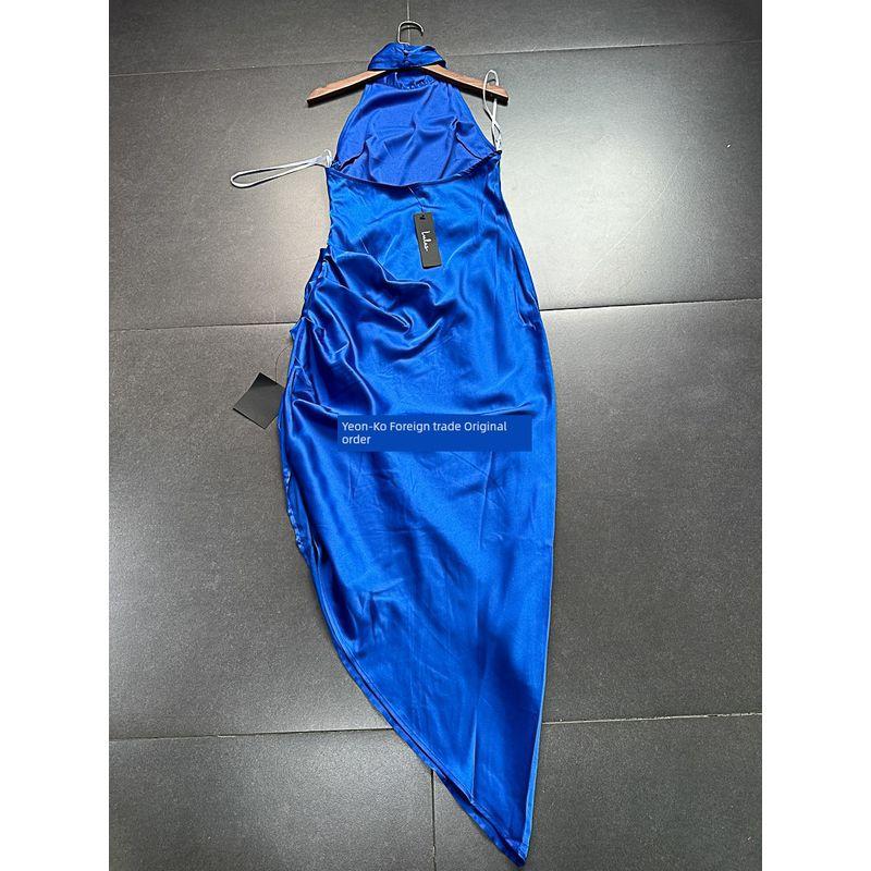 American Single Lulus Home Halterneck Bare Back Tight Waist Asymmetrical Sexy Waist Trimming Dress Satin Small Dress for Women